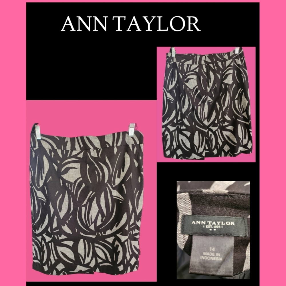 ANN TAYLOR GRAY & BLACK ABSTRACT PRINT PENCIL SKIRT SIZE 14